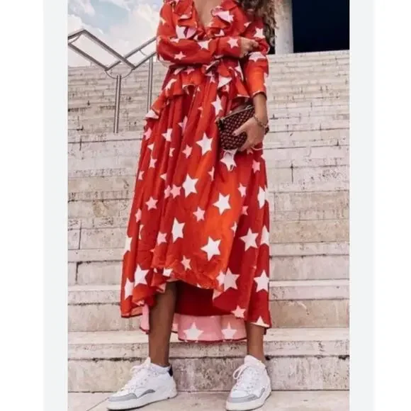 Sister Jane midi ruffle dress with full skirt in red star print size M SW - Picture 3 of 9